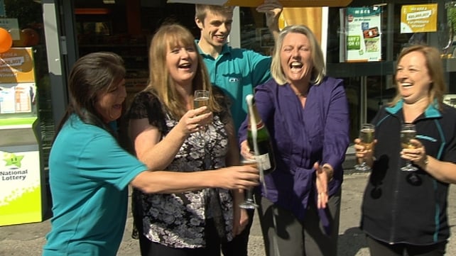 Staff at Mace in Beaumont celebrate selling the winning EuroMillions ticket Staff at Mace in Beaumont celebrate selling the winning EuroMillions ticket