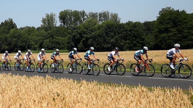 Mark Cavendish (third from right) won stage 13 of the Tour de France to Saint-Amand-Montrond