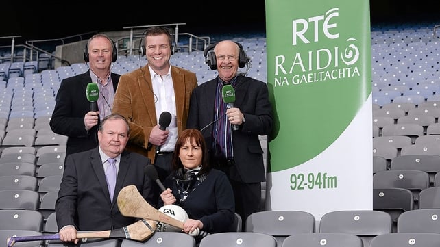 Uachtarán Chumann Lúthchleas Gael Liam Ó Néill, with members of RnaG Sports team Gearóidín Nic an Iomaire, Séamus Mac Géidigh, back left, Dara Ó Cinnéide and Seán Bán Breathnach, back right, pictured in Croke Park