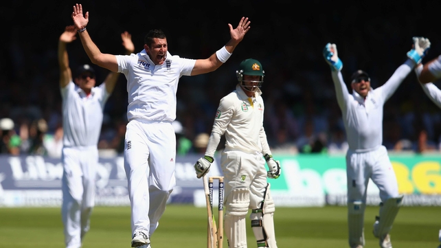 Tim Bresnan celebrates the wicket of Phil Hughes as the Aussie batting collapsed at Lord's
