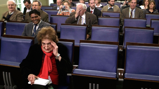 Helen Thomas, (front) waits prior to the White House daily briefing at the White House briefing room Helen Thomas, (front) waits prior to the White House daily briefing at the White House briefing room