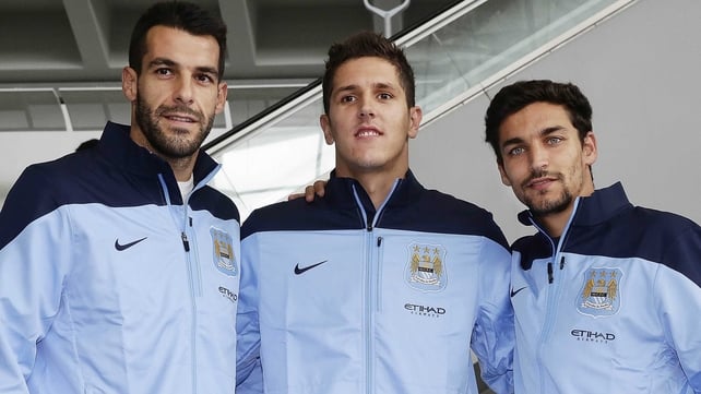 Jesus Navas (r) along with other Manchester City recruits Alvaro Negredo (l) and Stevan Jovetic will aim to help the club make an impact in this year's competition