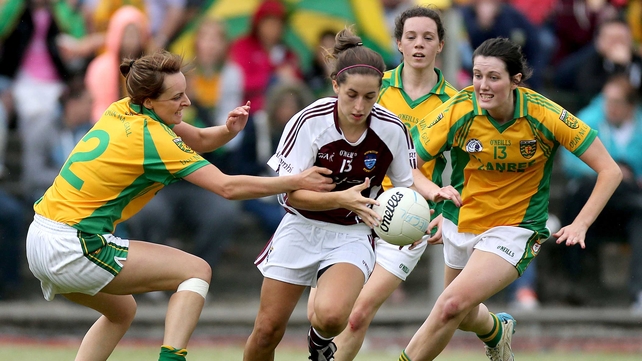 Donegal's Orlagh Carr, Therese McCafferty and Emer Gallagher chase down Karen Hegarty of Westmeath