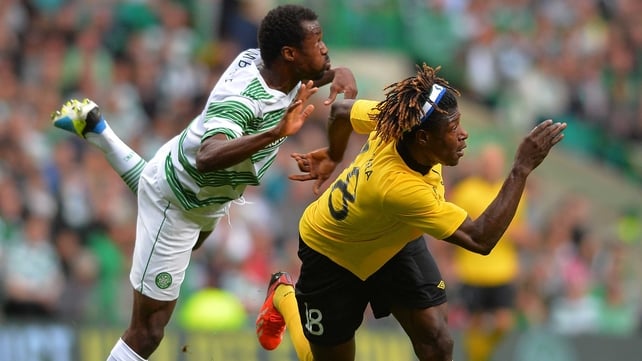 Elfsborg's Mohamed Bangura is well-marshalled by Celtic's Efe Ambrose at Celtic Park
