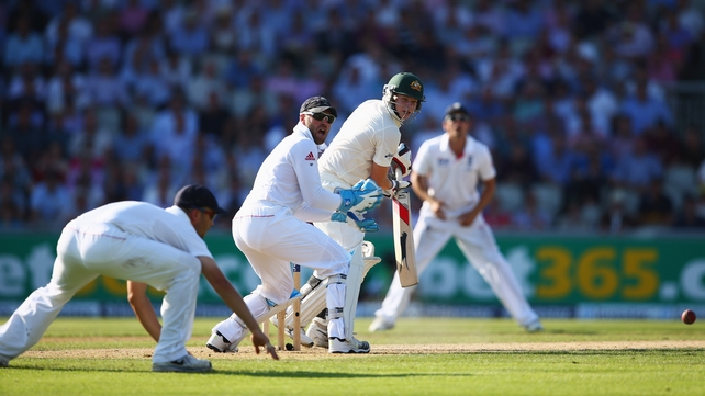 Steve Smith of Australia edges past England wicketkeeper Matt Prior during day one of the 3rd Ashes Test match