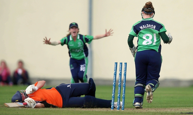 Wicket keeper Mary Waldron stumps Leonie Bennt of The Netherlands