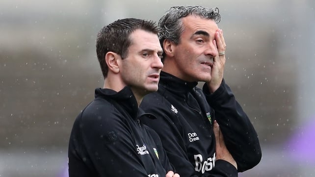 Jim McGuinness and Rory Gallagher on the sideline at Croke Park this afternoon