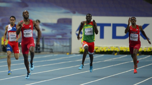 LaShawn Merritt (second from left) powers home to win gold