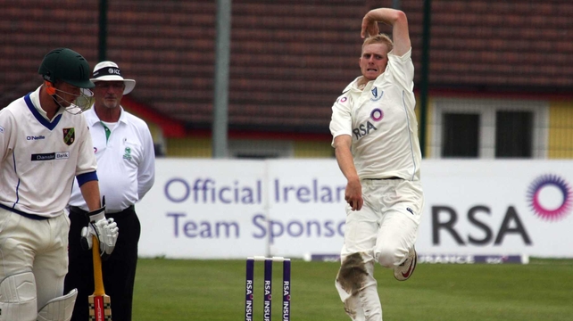 Eddie Richardson, bowling here for Leinster Lightning, has earned his first call-up to Phil Simmons squad