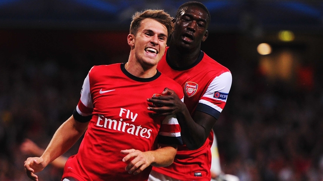 Aaron Ramsey celebrates his second strike at the Emirates Stadium