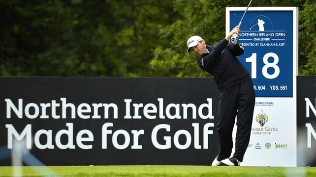 Michael Hoey tees off at the 18th hole at Galgorm Castle but will not be playing at the weekend after missing the cut