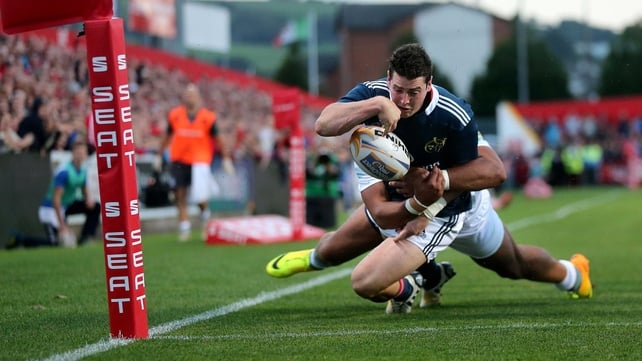 Ronan O'Mahony touches down at Musgrave Park en route to a hat-trick for Munster
