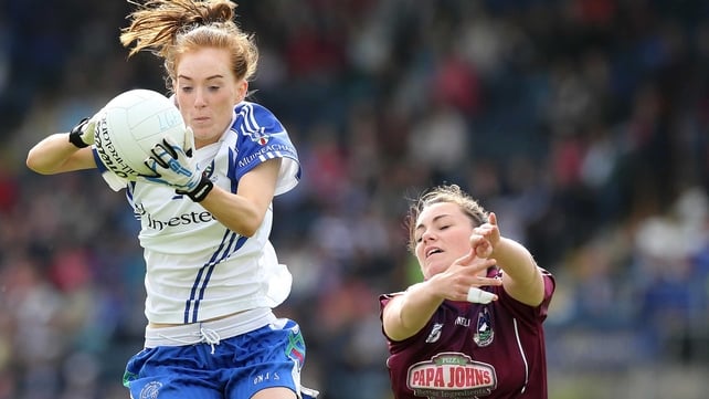 Grainne McNally of Monaghan wins the ball ahead of Galway's Gillian O'Connor