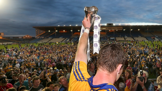 Clare captain Paul Flanagan faces the crowd after Clare won the Munster U21 title