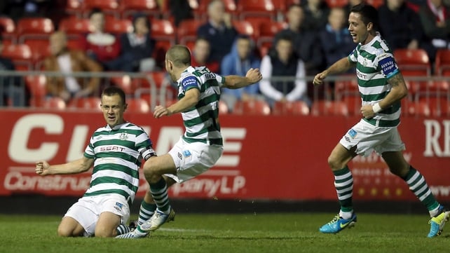 Shane Robinson celebrates Shamrock Rovers' second goal at Richmond Park