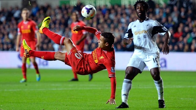 Brazilian Philippe Coutinho injured his shoulder in Liverpool's draw at Swansea on Monday night
