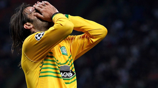 Giorgos Samaras of Celtic reacts to a missed chance at the San Siro