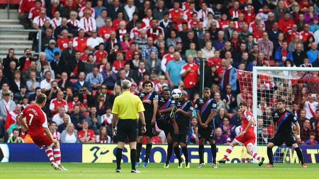 Rickie Lambert of Southampton scores from a free-kick during the Barclays Premier League match between Southampton and Crystal Palace