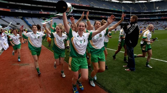 Offaly's Siobhan Flannery leads her team-mates in the celebrations at Croke Park