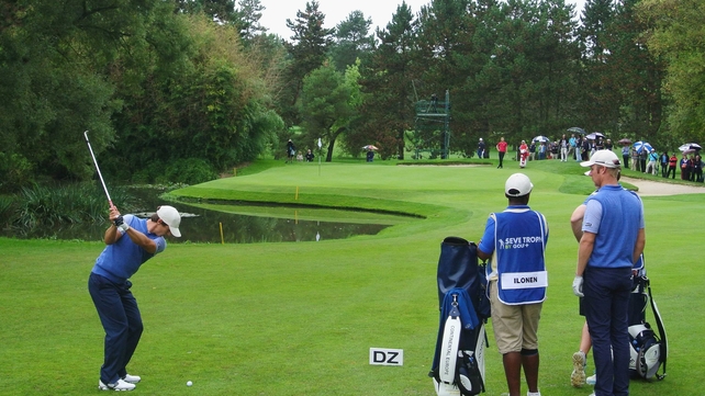 Thorbjorn Olesen plays a shot during the fourballs at Golf de Saint-Nom-la-Breteche