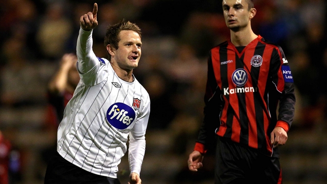 Dane Massey celebrates Dundalk's opener at Dalymount