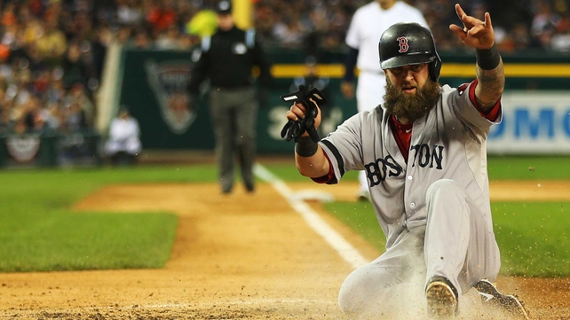 Mike Napoli slides in to score for the Red Sox in the third inning of Game Five at Comerica Park in Detroit