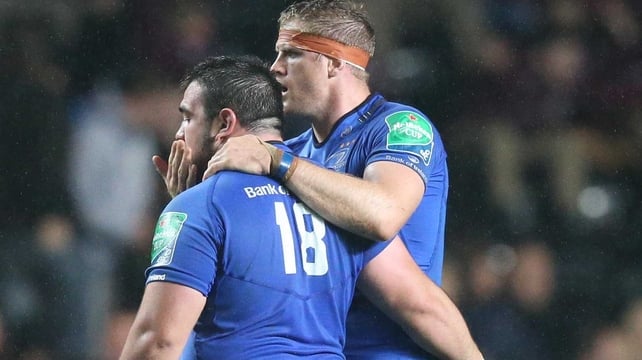 Martin Moore is congratulated by Jamie Heaslip during last week's win over Ospreys