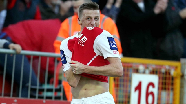 Anto Flood celebrates a goal against Sligo Rovers last