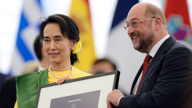 Aung San Suu Kyi collected the prize from European Parliament President Martin Schulz Aung San Suu Kyi collected the prize from European Parliament President Martin Schulz