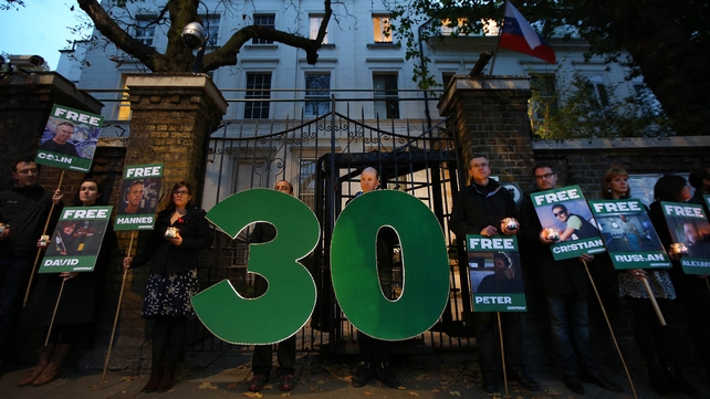 Greenpeace had protested about the arrests outside several Russian embassies across Europe Greenpeace had protested about the arrests outside several Russian embassies across Europe