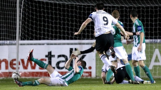 Dundalk's Patrick Hoban watches his side's opener head for the back of the Bray Wanderers net