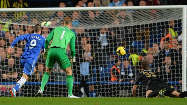 Joe Hart looks on as Fernando Torres taps home the winner