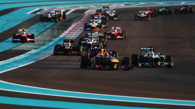 Sebastian Vettel (front left) of Germany and Infiniti Red Bull