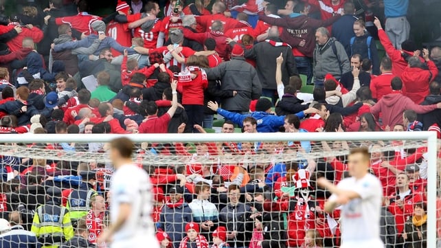 Sligo Rovers fans get into the Cup final spirit doing the Poznan