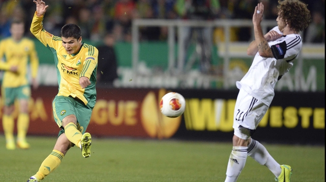 Kuban's Russian midfielder Arsen Khubulov shoots