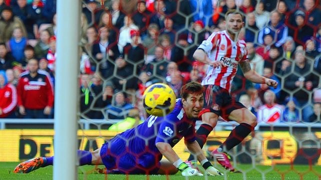 Sunderland's Phil Bardsley scores past a stranded Costel Pantilimon of Manchester City
