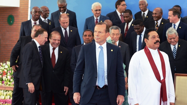 Prime Minister of Australia Tony Abbott (C) and Sri Lankan President Mahinda Rajapaksa (R) lead other heads of state from the Commonwealth after posing for an official portrait photograph Prime Minister of Australia Tony Abbott (C) and Sri Lankan President Mahinda Rajapaksa (R) lead other heads of state from the Commonwealth after posing for an official portrait photograph