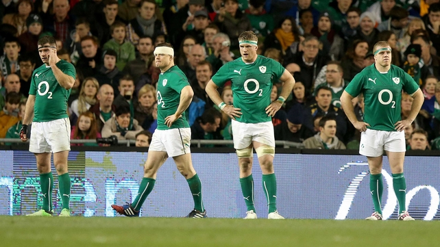 A dejected Fergus McFadden, Brian O'Driscoll, Jamie Heaslip and Sean Cronin