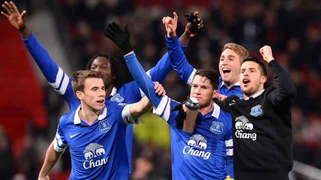 Everton's players, including Republic of Ireland international Seamus Coleman, celebrating their win in Old Trafford