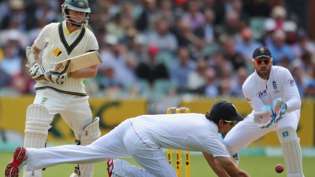hris Rogers of Australia bats as Alastair Cook of England field on day one
