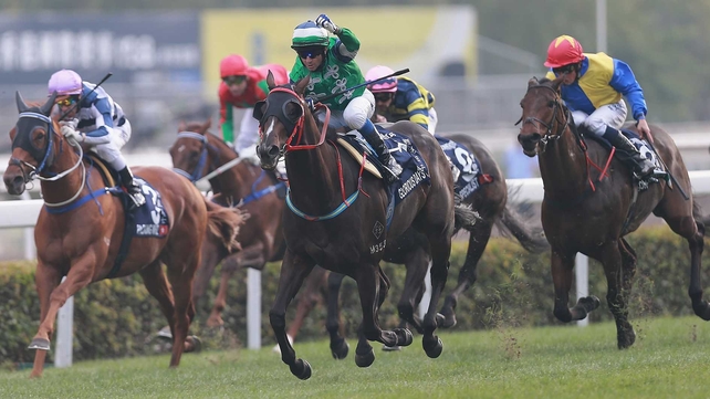 Douglas Whyte punches the air after triumphing on Glorious Days
