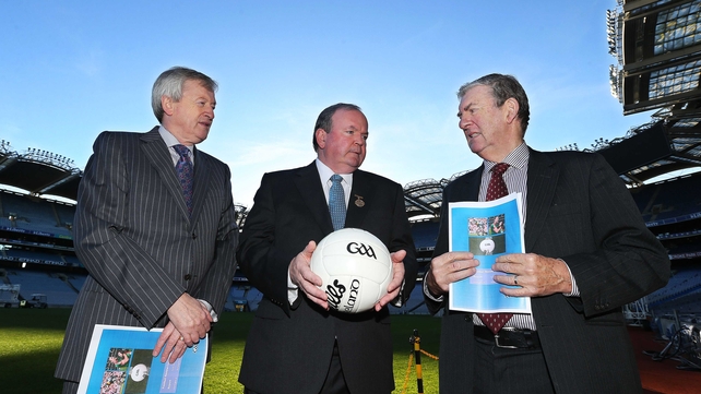 Paraic Duffy, Liam O'Neill and Eugene McGee at the launch of the second Football Review Committee report yesterday