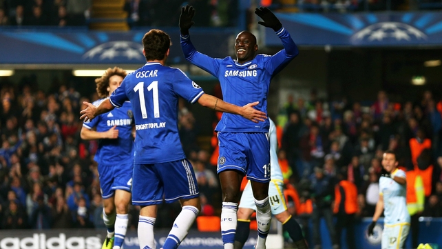 Chelsea players celebrate after Danijel Georgijevski of Steaua scores an own goal