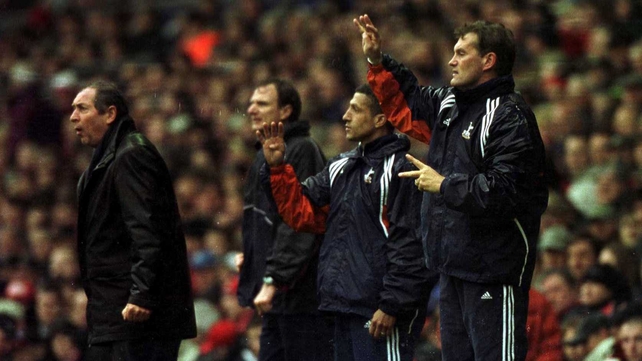 L to R: Gerard Houllier, Phil Thompson, Chris Hughton and Glenn Hoddle during a Spurs v Liverpool FA Cup match in 2001