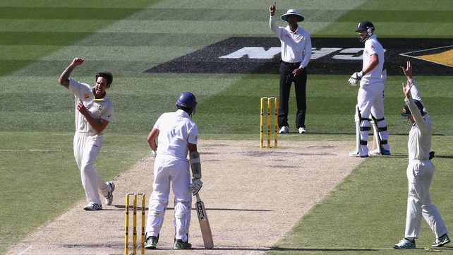 Mitchell Johnson takes the wicket of Monty Panesar