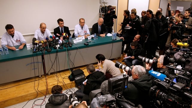 Doctors from the Centre Hospitalier Universitaire hold a press conference at the hospital in Grenoble, near the French Alps