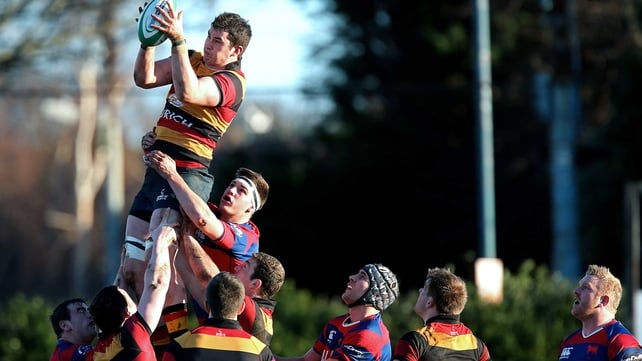 Lansdowne's Brian Moylett wins a lineout against Clontarf