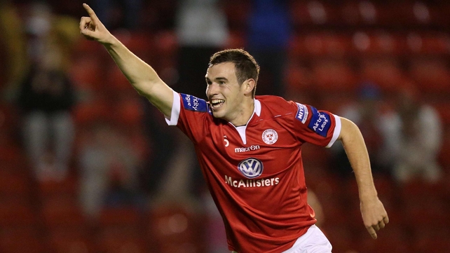 Paul Andrews celebrates scoring for Shelbourne against Drogheda United last season