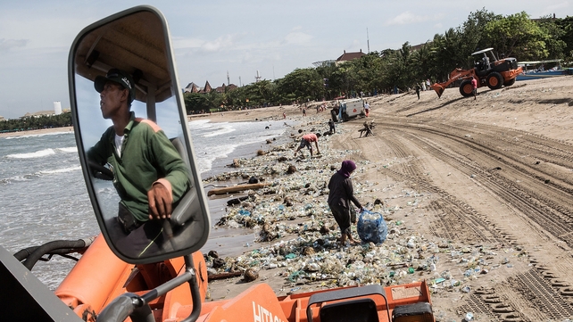 Workers and volunteers clear the trash
