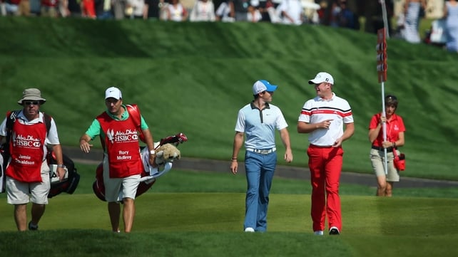 Rory McIlroy chatting with reigning champion Jaime Donaldson of Wales